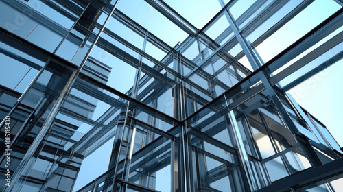 Glass wall reflecting blue sky, capturing a serene urban contrast.