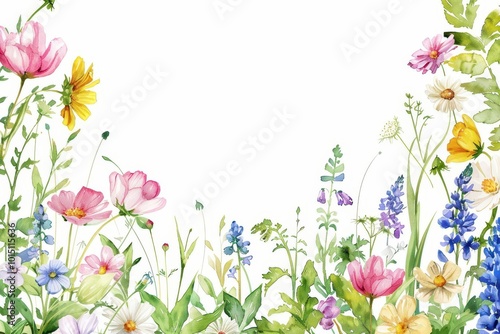 wildflower garden wedding invitation, colorful floral border, spring celebration card, watercolor illustration