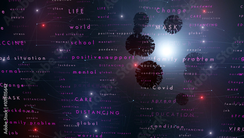 Принти на полотні Covid-19 social issues problem coronavirus pandemic word cloud dark cyber illustration background