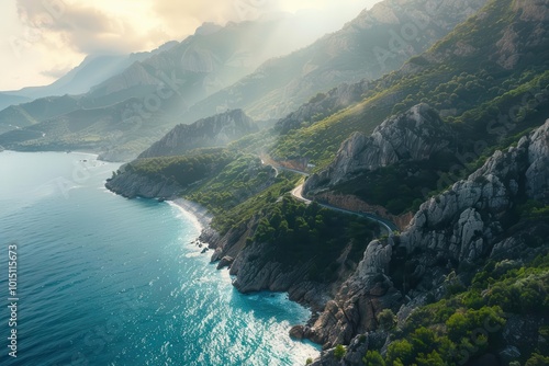 winding coastal road from bird's eye view, turquoise sea meeting rugged cliffs. dramatic sunlight, misty mountains, lush vegetation. breathtaking panorama capturing nature's grandeur.