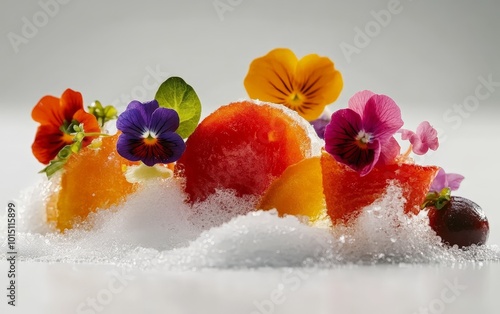 A gourmet dish featuring a mix of vegetables and edible flowers, presented in a refined and colorful way photo