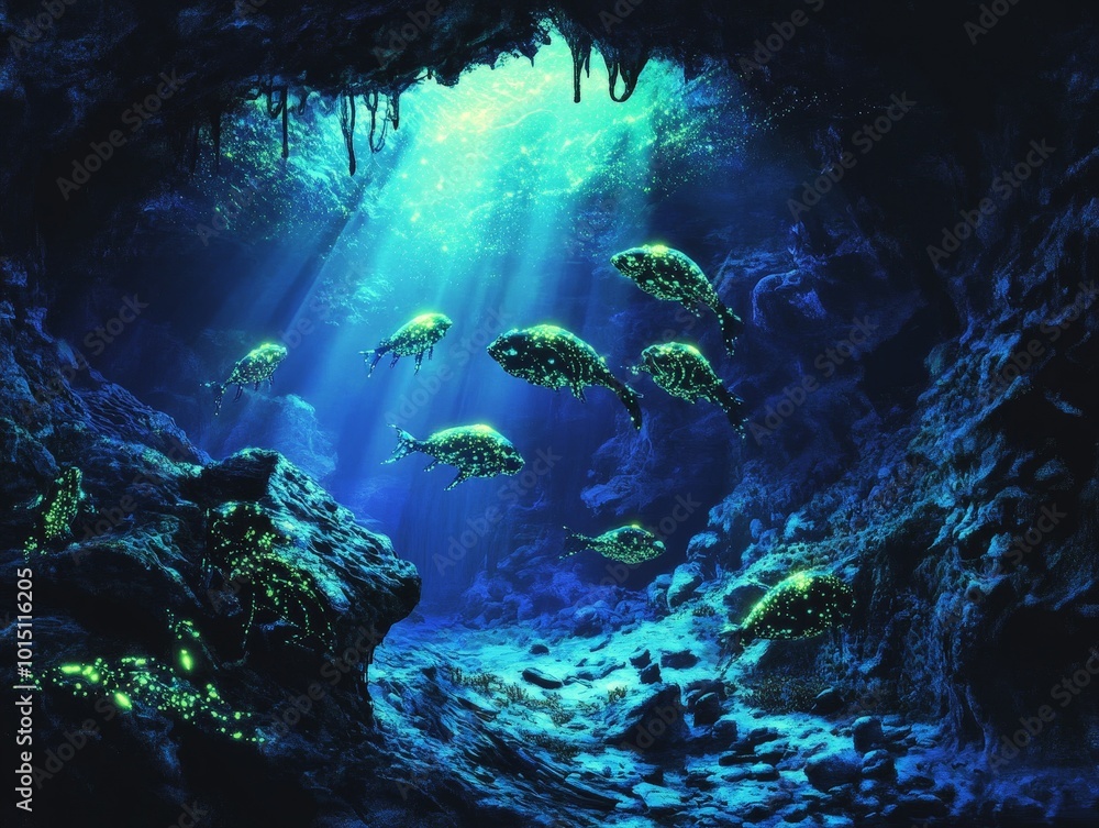 Obraz premium A group of bioluminescent animals lighting up an underwater cave, casting a soft glow