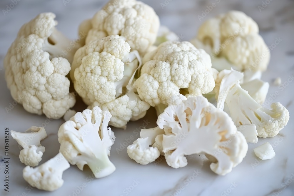 A group of cauliflower florets scattered across a clean surface, ready for a healthy meal A group of cauliflower florets scattered across a clean surface, ready for a healthy meal