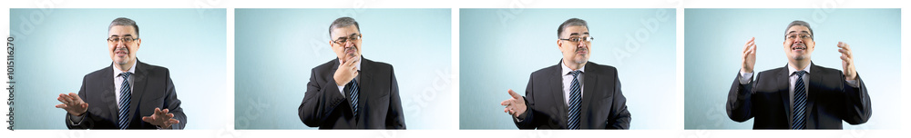 Businessman Expressing Various Emotions - Enthusiasm, Doubt, and Contemplation Businessman Expressing Various Emotions - Enthusiasm, Doubt, and Contemplation
