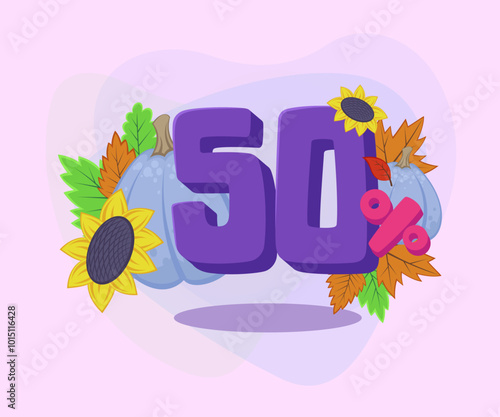 Fifty percent special offer vector illustration. Blue pumpkins, autumn leaves and sunflowers on abstract background. Sale, shopping, autumn, discount concept. Can be used for poster or banner design