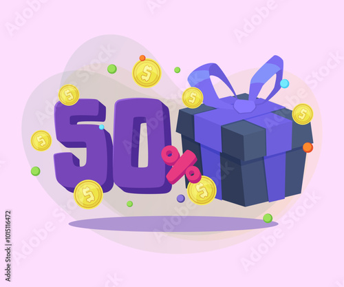 Gift box and fifty percent discount vector illustration. Gold coins on abstract background. Sale, shopping, bonus, loyalty program, advertising concept. Can be used for poster or banner design