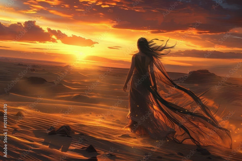 woman in flowy dress walking through desert at sunset, ai-generated artwork woman in flowy dress walking through desert at sunset, ai-generated artwork