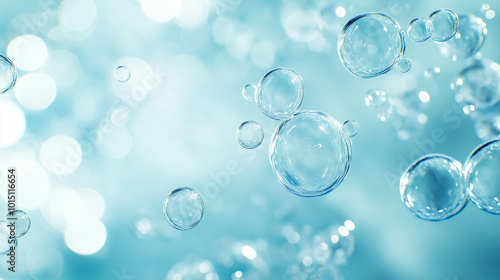 Floating bubbles in soft focus with a light blue background, symbolizing airiness, purity, and tranquility, perfect for abstract visuals and refreshing designs.