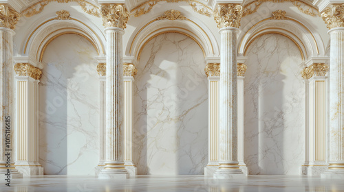 Elegant marble columns with intricate golden details and arched entrances, evoking a sense of classical architecture and luxury, perfect for historical or high-end interior designs.