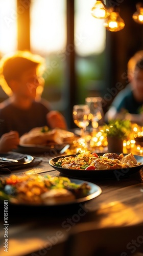 A family sitting around a dinner table, enjoying a screen-free meal, focusing on heartfelt conversations, [Better Conversations Week], [family bonding], , photo