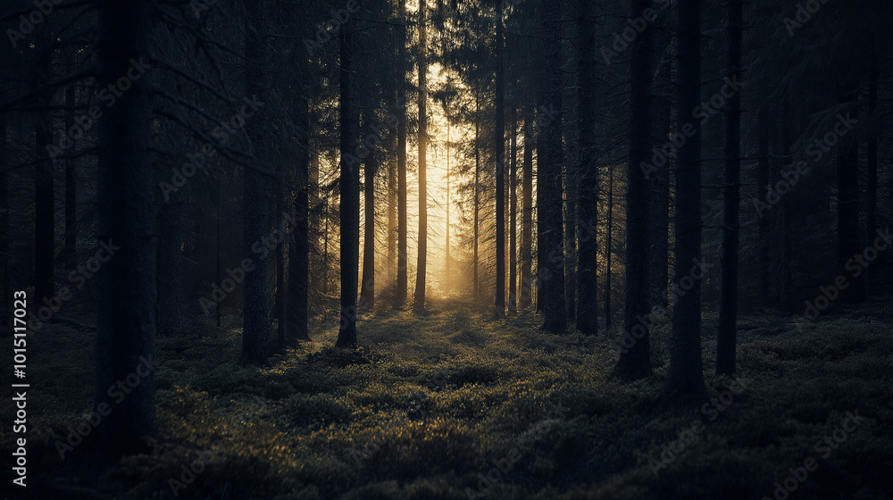 Dark forest scene with a distant glowing light in the center, creating a mysterious and atmospheric mood, perfect for themes of nature, mystery, and solitude. Dark forest scene with a distant glowing light in the center, creating a mysterious and atmospheric mood, perfect for themes of nature, mystery, and solitude.