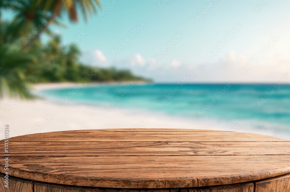 Fototapeta premium Empty wooden table top on blurred tropical beach background with palm trees