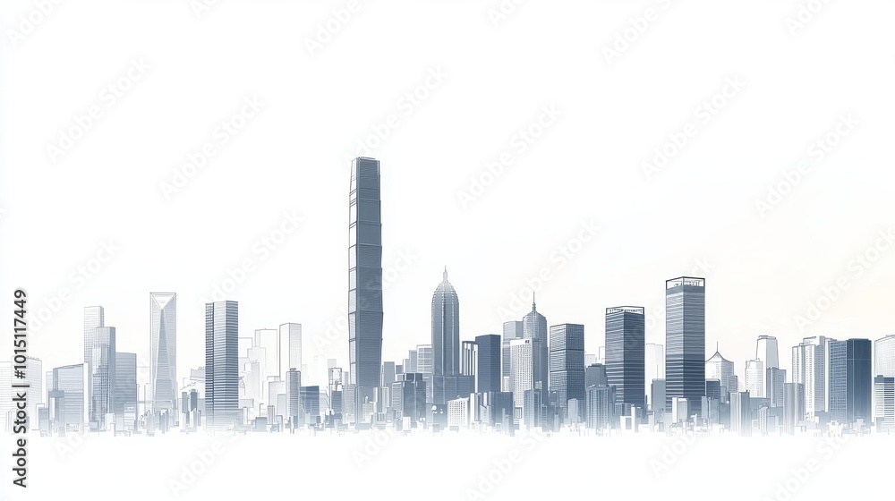 White background, city skyline, vector illustration style, simple lines, high-end aesthetic, light gray and white color scheme, urban architecture White background, city skyline, vector illustration style, simple lines, high-end aesthetic, light gray and white color scheme, urban architecture
