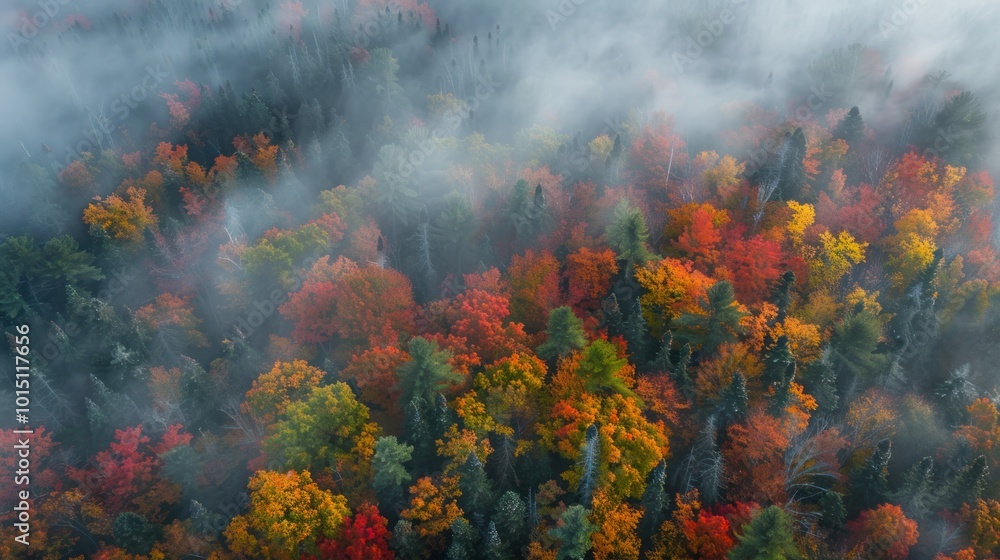 Aerial View of a Foggy Autumn Forest with Vibrant Foliage Aerial View of a Foggy Autumn Forest with Vibrant Foliage