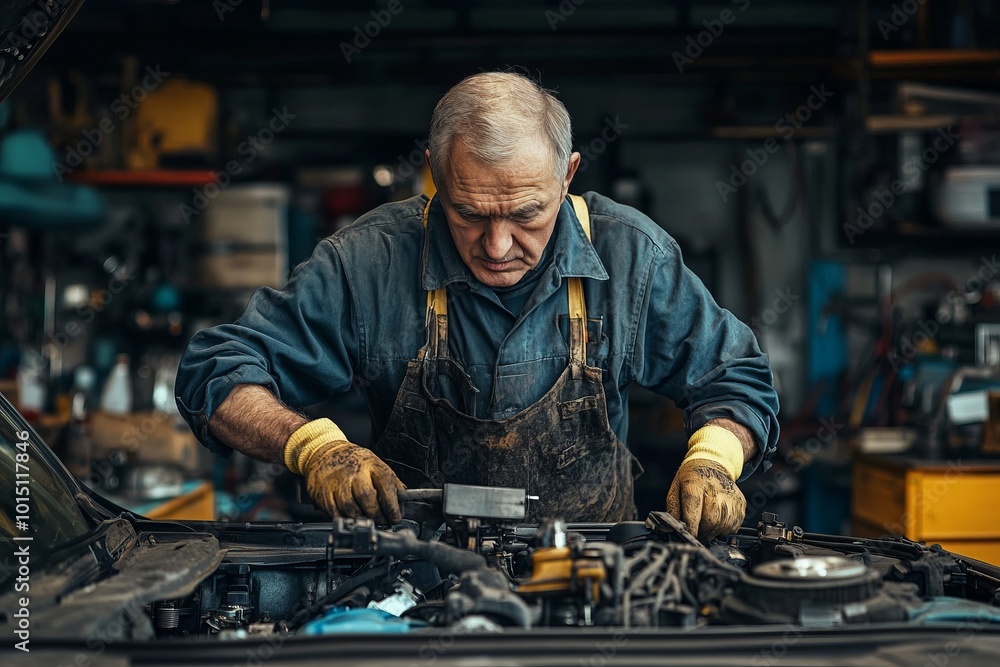 Mechanic Repairing a Car Engine in a Workshop Mechanic Repairing a Car Engine in a Workshop