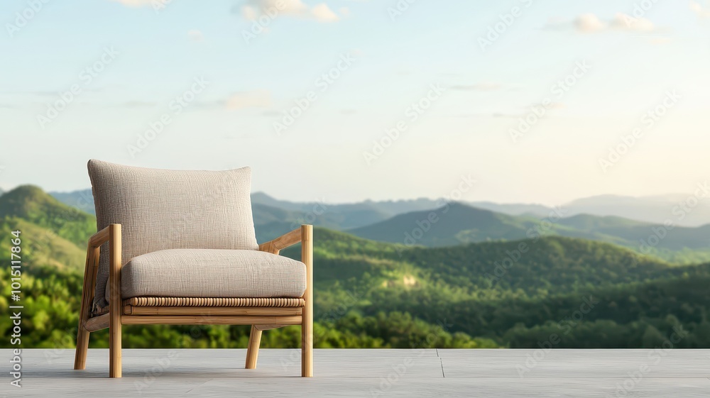 Fototapeta premium Cozy chair overlooking serene mountain landscape, inviting relaxation and tranquility. Bamboo eco-friendly furniture concept