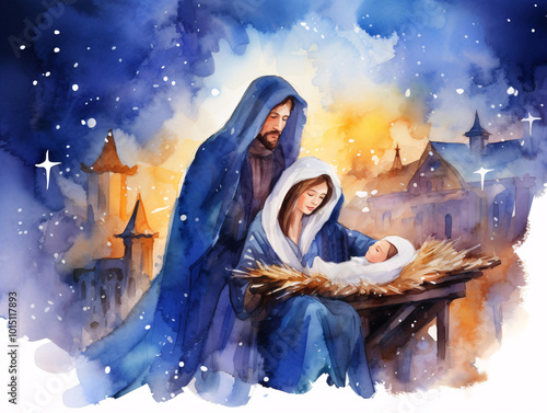 Christmas religious nativity scene. Holy family abstract artistic watercolor illustration Mary Joseph and Jesus in the starry night.