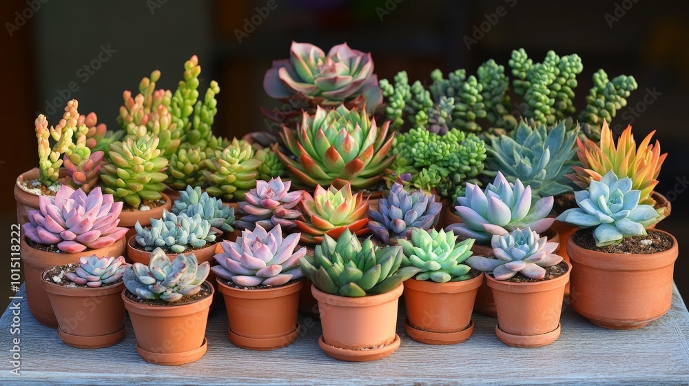 A group of succulents arranged together on a table, each plant displaying different colors and forms A group of succulents arranged together on a table, each plant displaying different colors and forms
