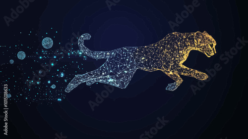 Low Poly Cheetah in Motion - Vector Mesh Spheres from Flying Debris - Polygonal Thin Line Concept of a Jumping Guepard - Flat Minimalist SVG Vector for Speed and Agility Themes