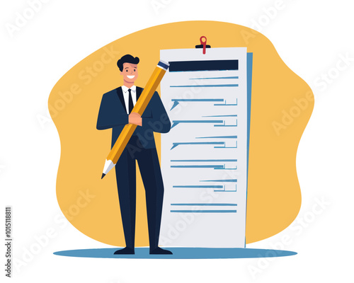 Confident Businessman with Completed Task Checklist - Minimalist Vector for Task Management, Business Strategy, and Work Completion