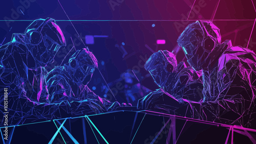 Cybersport Low Poly Wireframe Banner Vector Template: Esports Competition Team in 3D Mesh Art with Polygonal Design and Connected Dots, Ideal for Online Game Championship Posters