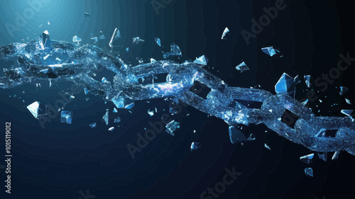 Polygonal Broken Chain Exploding into Debris Mesh Spheres - Business Freedom and Breakthrough Concept - Blue Minimalist Vector Art