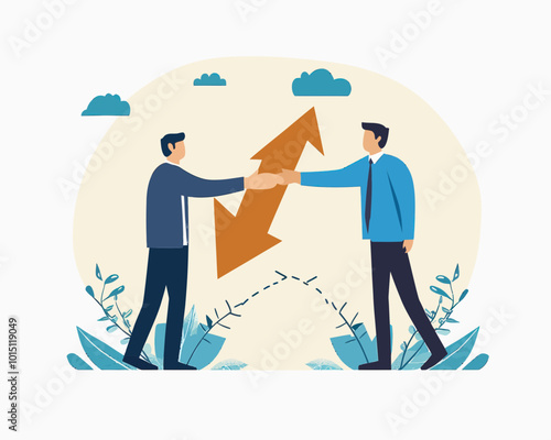 Business Partnership Success: Team Collaboration and Growth Arrow Handshake in Minimalist Flat Vector