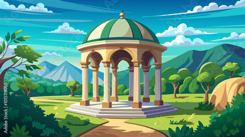 A classical stone gazebo or pavilion with arched columns and a domed roof, surrounded by a lush green landscape with trees, hills, and a blue sky with fluffy clouds