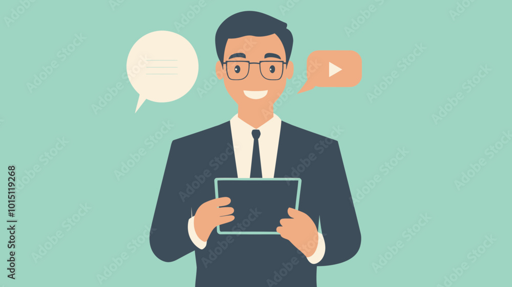 Businessman Using Tablet for Microblogging and Social Media Content Creation in Vector Illustration Businessman Using Tablet for Microblogging and Social Media Content Creation in Vector Illustration