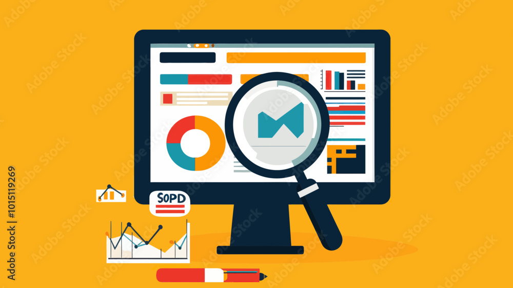 Flat Design SEO Search Engine Optimization Concept with Graphs and Magnifying Glass on Computer Screen Flat Design SEO Search Engine Optimization Concept with Graphs and Magnifying Glass on Computer Screen