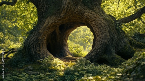 A large tree hollow in the trunk of an ancient oak, its dark interior a mystery photo