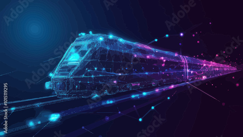 Digital Low Poly Futuristic High-Speed Train 3D Illustration - Modern Technology and Transport Concept in Blue and Purple Wireframe Style with Connected Dots - Future Logistics Vector SVG