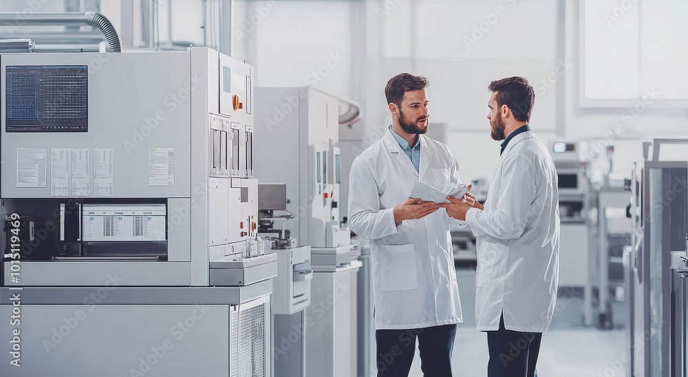 Two male workers in white lab coats discussing a project in a high-tech manufacturing laboratory Two male workers in white lab coats discussing a project in a high-tech manufacturing laboratory