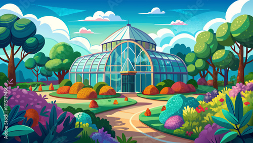 A large glass greenhouse or conservatory surrounded by a lush, colorful garden with winding paths, flower beds, and trees. The sky is bright blue with fluffy white clouds