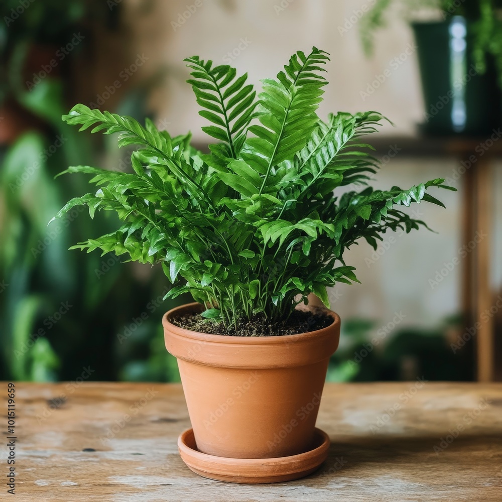 Fototapeta premium A lush green plant growing in a simple terracotta pot, radiating freshness and life