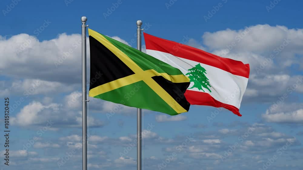 Lebanon and Jamaica flags flying together, video concept of the relationship, two country cooperation concept Lebanon and Jamaica flags flying together, video concept of the relationship, two country cooperation concept
