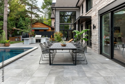 Grey porcelain pavers creating an elegant outdoor dining area near a swimming pool and house.