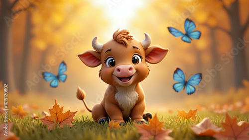 Autumn cute animals - A charming 3D cartoon-style scene featuring an adorable bull with large, expressive eyes among fallen autumn leaves. Blue butterflies flutter around. Warm magical atmosphere