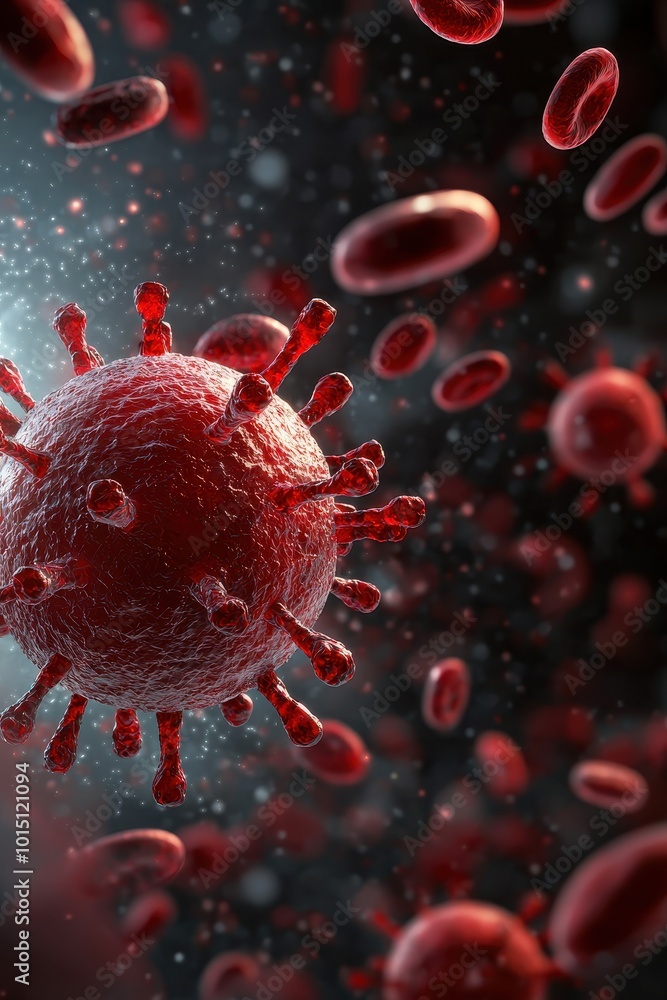 Microscopic view of a virus with red blood cells on a dark background. Microscopic view of a virus with red blood cells on a dark background.