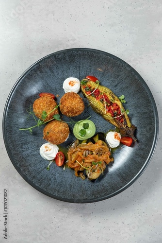 Gourmet dish combining stuffed eggplant, arancini, and sauteed vegetables on stylish plate