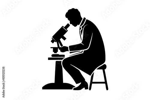 Scientist with microscope silhouette, scientist sitting on chair and doing research in microscope | vector silhouette illustration on white background