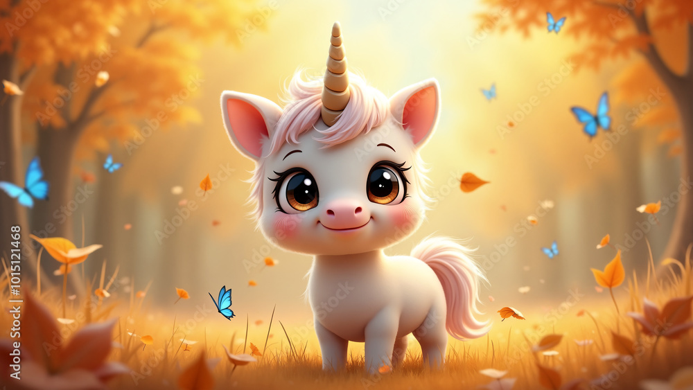 Obraz premium Autumn cute animals - A charming 3D cartoon-style adorable unicorn with light pink hair and large, expressive eyes among fallen autumn leaves. Blue butterflies flutter around. Warm magical atmosphere
