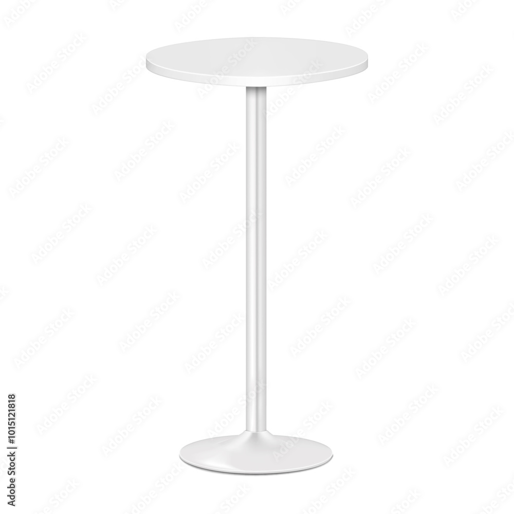 White blank round countertop bar table on single metal leg. Realistic 3d vector mockup. High pedestal chrome base circular counter desk. Mock-up White blank round countertop bar table on single metal leg. Realistic 3d vector mockup. High pedestal chrome base circular counter desk. Mock-up