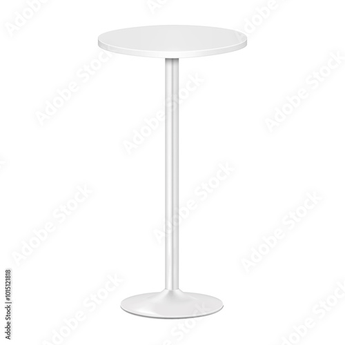 White blank round countertop bar table on single metal leg. Realistic 3d vector mockup. High pedestal chrome base circular counter desk. Mock-up