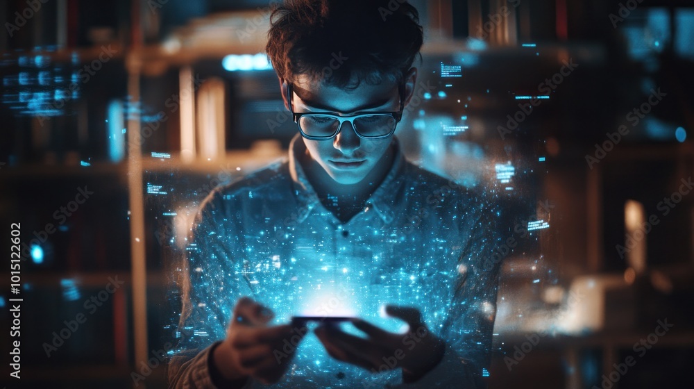 AI-powered phone assistant: A young man uses digital assistant technology through a virtual hologram interface AI-powered phone assistant: A young man uses digital assistant technology through a virtual hologram interface