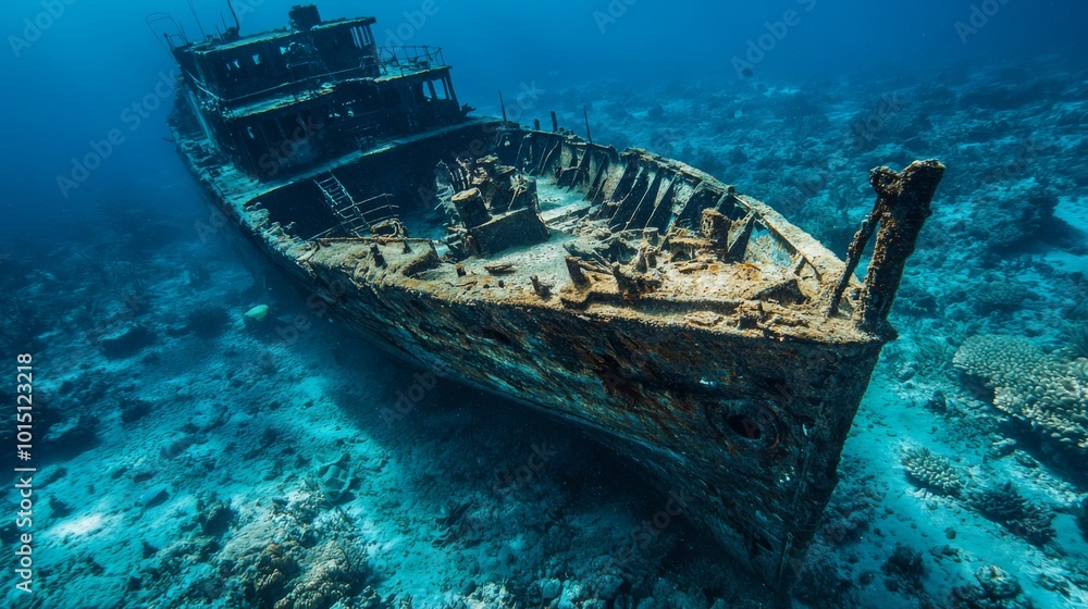 Shipwreck underwater lying at the bottom of the sea covered by seaweed and corals Shipwreck underwater lying at the bottom of the sea covered by seaweed and corals