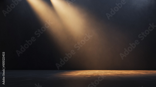 Dark stage illuminated by warm spotlight beams, creating a dramatic and focused atmosphere, perfect for theater, presentations, and performance-themed visuals.