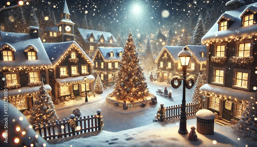 Cozy Winter Village at Night with Snow-Covered Streets and Glowing Lights. AI-generated photo