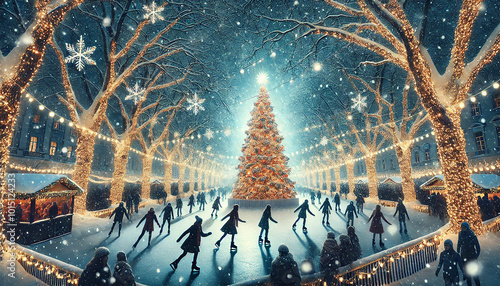 Festive Outdoor Christmas Scene with Skaters and Snowy Winter Wonderland. AI-generated