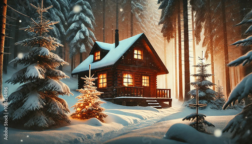 Cozy Winter Cabin in the Woods with Warm Glow and Serene Atmosphere. AI-generated